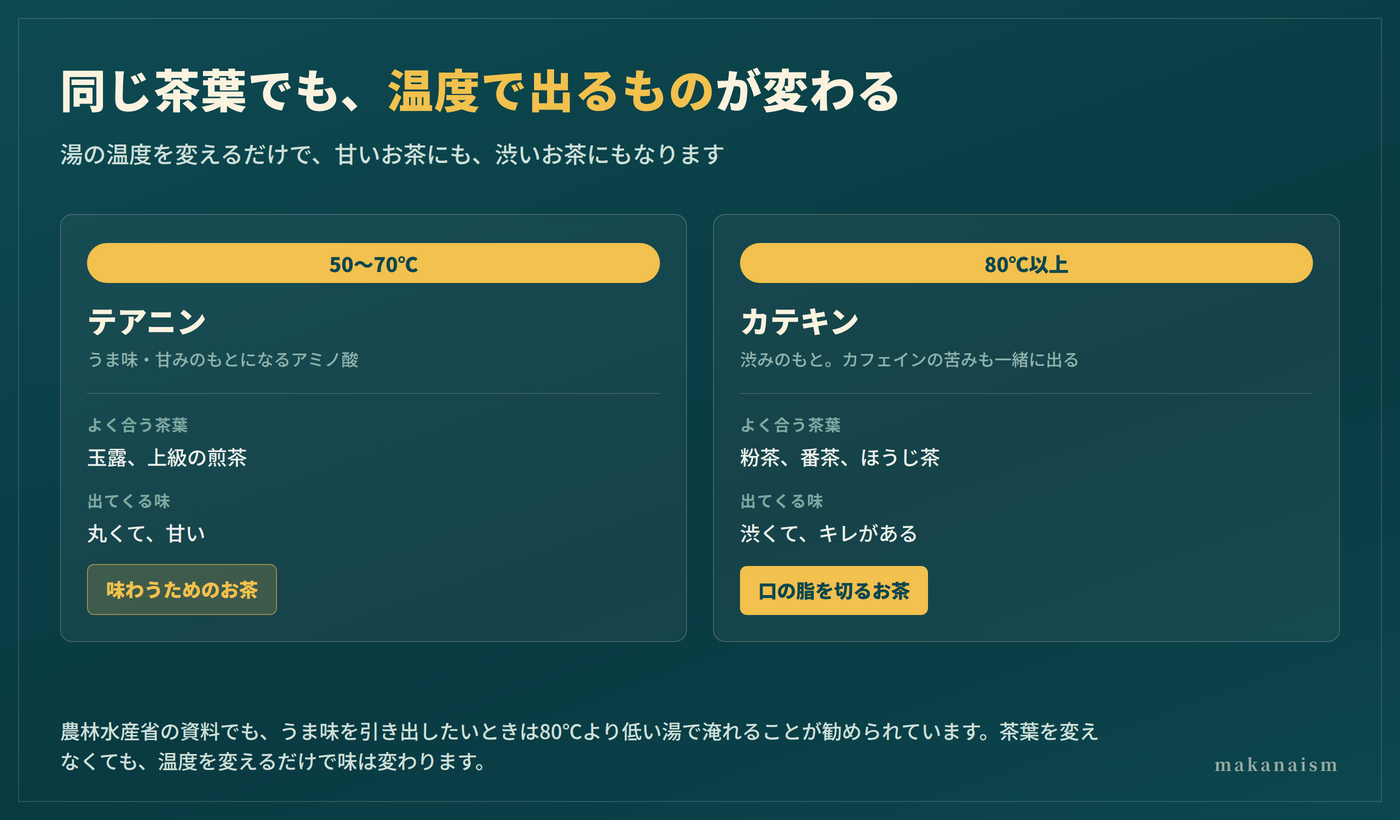 緑茶の淹れ方｜低温で出るテアニンと高温で出るカテキンの違いを示した図